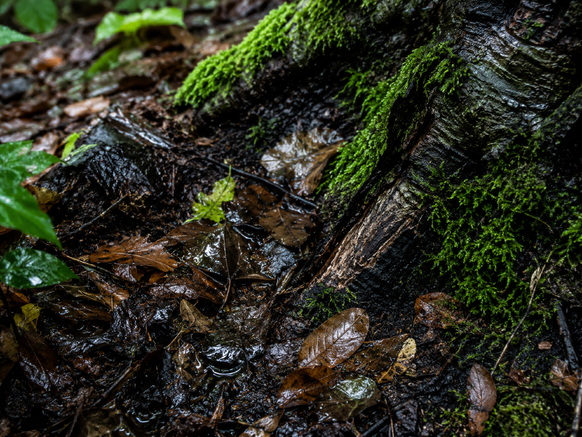 Lettiera bagnata di un bosco
