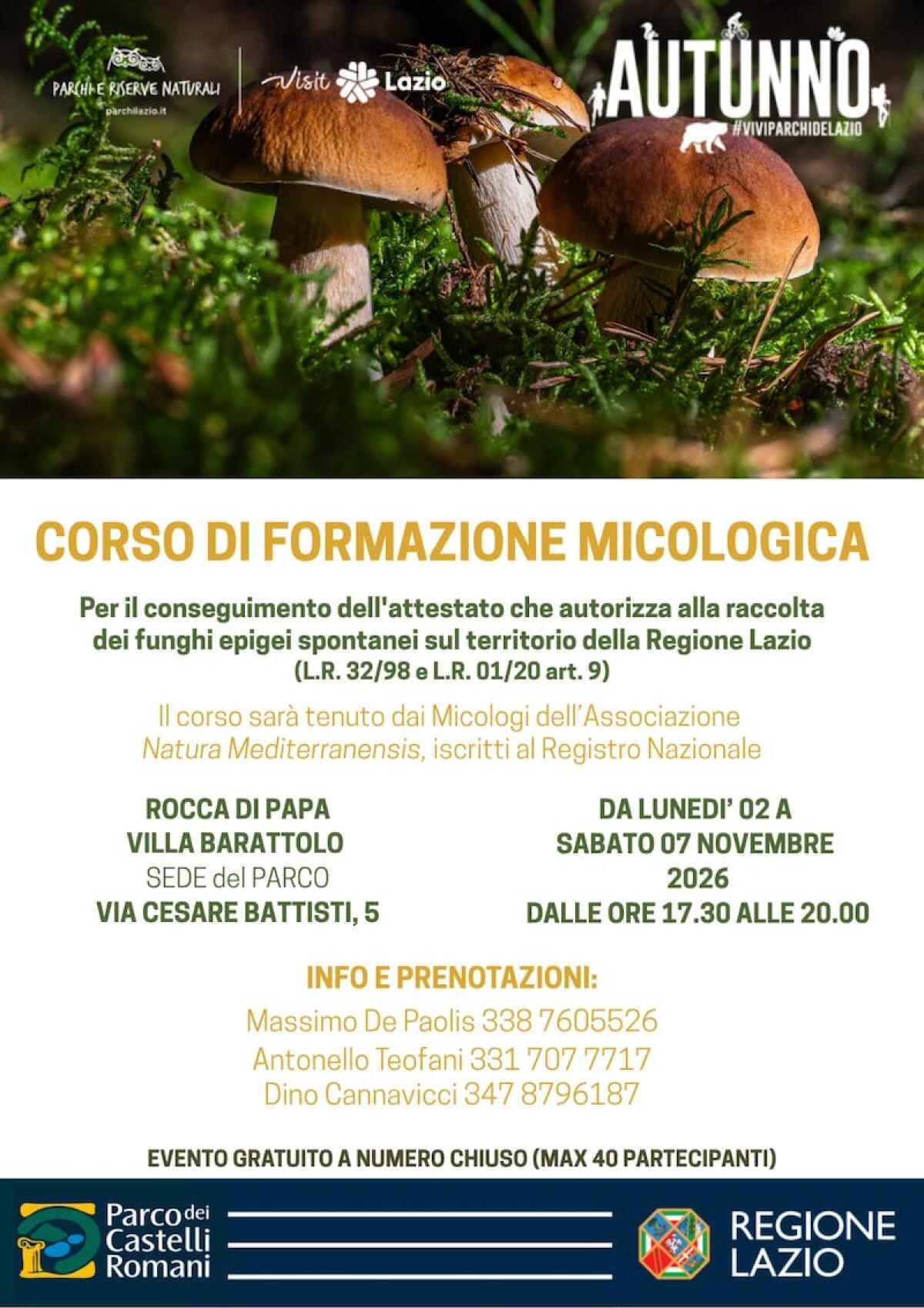 Corso gratuito di formazione micologica al Parco dei Castelli Romani: lezioni dal 2 al 7 novembre 2026 - 